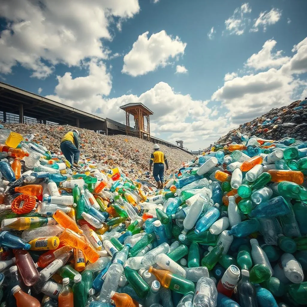 A landfill with workers sorting PET bottles from waste piles to reduce pollution.