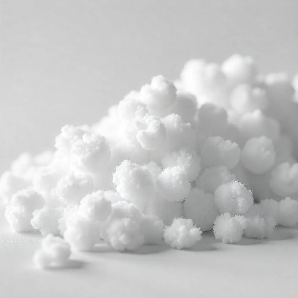 Close-up of recycled polyester fibers created from PET bottles, used in industries.