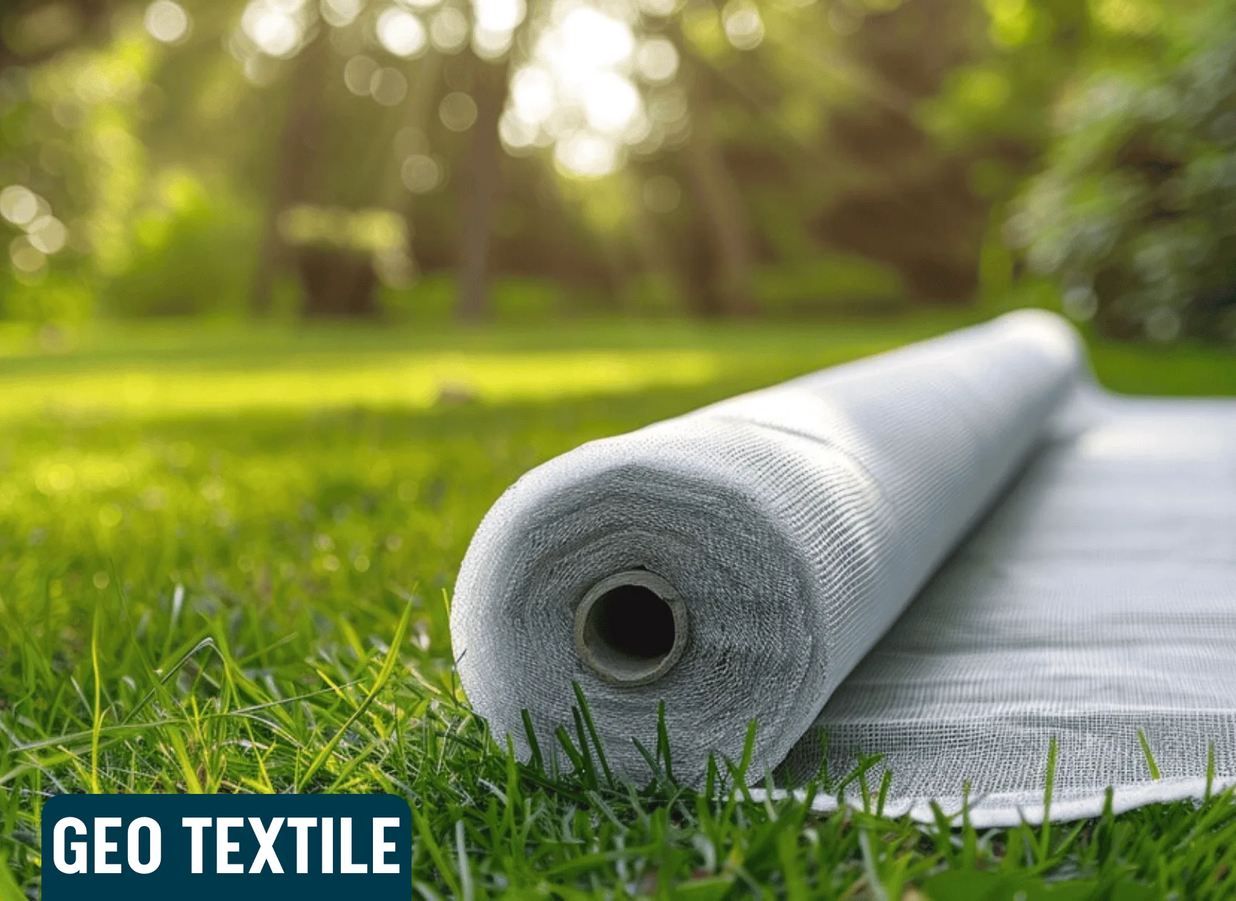Geotextile Fabric Roll: "A large roll of geotextile fabric used in construction and landscaping. The fabric appears durable and woven, suitable for drainage, soil stabilization, and reinforcement." Geotextile Sheet on Ground: "A geotextile sheet laid on the ground in a construction site, used for soil separation, filtration, and reinforcement in landscaping or road projects."