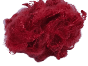 "A close-up image of red wool fibers, soft and fluffy, ideal for knitting or crafting. The wool strands are tightly spun together, showcasing a vibrant red color." "A ball of red wool yarn, neatly wound, perfect for creating vibrant scarves, hats, or other knitted items." "A bundle of red wool fibers with a rich, deep red hue, ready for use in various textile or crafting projects."