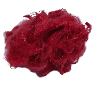 "A close-up image of red wool fibers, soft and fluffy, ideal for knitting or crafting. The wool strands are tightly spun together, showcasing a vibrant red color." "A ball of red wool yarn, neatly wound, perfect for creating vibrant scarves, hats, or other knitted items." "A bundle of red wool fibers with a rich, deep red hue, ready for use in various textile or crafting projects."