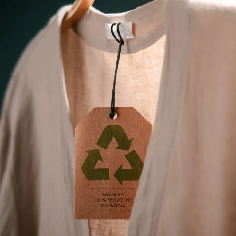 Recycled polyester fabric in a sustainable fashion collection, representing eco-friendly practices.